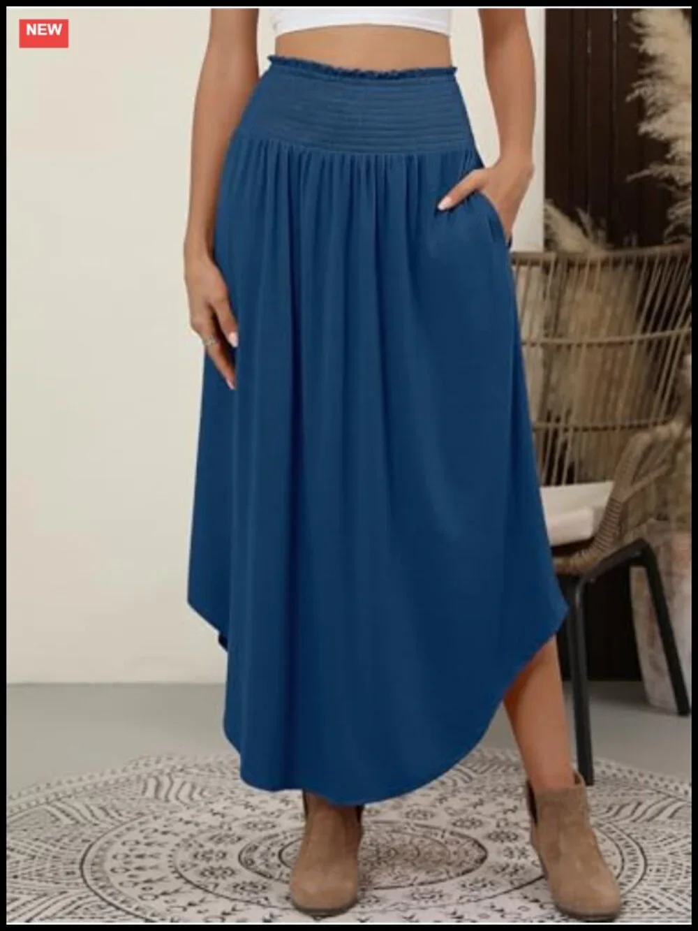 Women's High Waisted Flowy Swing Maxi Skirt with Pockets Boho Pleated Beach